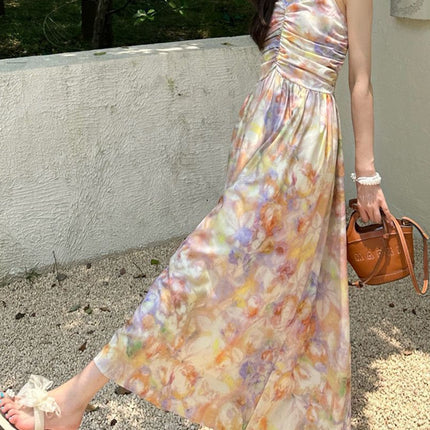 French-Style Oil Painting Halter Neck Spaghetti Strap Dress for Women, New Summer Vacation Style, Backless Floral Mid-Length Dress Ins