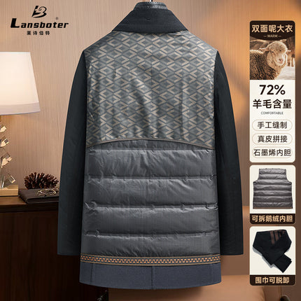 Genuine Leather Collar Double-Sided Wool Outwear for Men, Autumn and Winter Trendyy Removable Goose down Liner Woolen Outwear, Large Size Men's Clothing