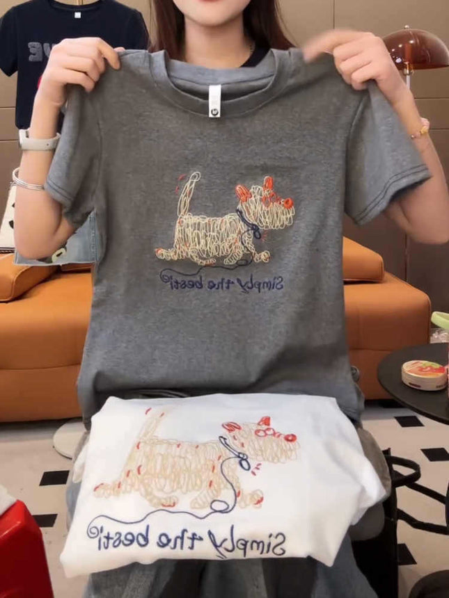 Pure Cotton plus size Cartoon Puppy Embroidered Short-sleeved T-shirt Women's Spring and Summer 2025 New Slim-fit Slimming Fashionable Top for Women