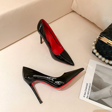 Red Bottom Black High Heels Women's Thin Heel Sexy Night Game 2023 Spring and Autumn New Bed Patent Leather Pure Desire Style Single Shoes