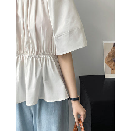 Taochuan Backless Discreet~Round Neck Elegant Slimming Look Versatile Waist Design Cut Out Short-Sleeved Shirt for Women 5385