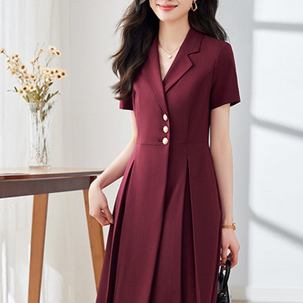 [Elegant Long Skirt] V-neck Short-sleeved dress High-end Work Clothes Mid-length Skirt Spring and Summer Business Wear Uniform