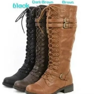 European and American Foreign Trade Leather Boots Round Head Belt Buckle Flat Boots Women's Autumn and Winter New Rivet Lace-up High Knights Boots