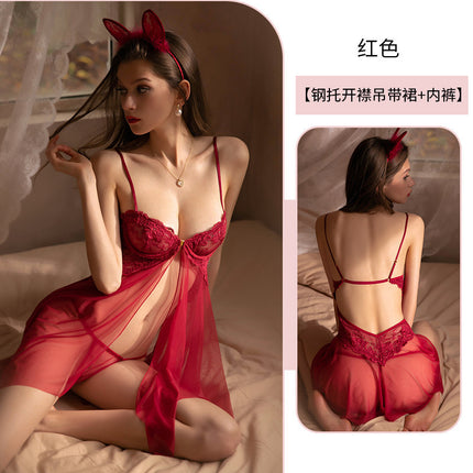 Koni Sexy Pajamas for Women Qqny Lace Edge Mesh Transparent Hot Temptation Pure Desire Suspender Backless One Piece Drop Shipping