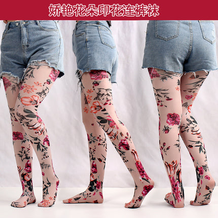 Cross-border spring and autumn thin fashion pantyhose women's stockings flower camouflage chain printed pantyhose summary batch