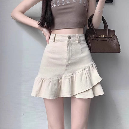 Summer Versatile 2024 A-Line Fishtail Short Denim Skirt New Ruffled High-Waisted Slimming Bodycon Women's Skirt