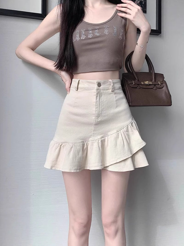 Summer Versatile 2024 A-Line Fishtail Short Denim Skirt New Ruffled High-Waisted Slimming Bodycon Women's Skirt