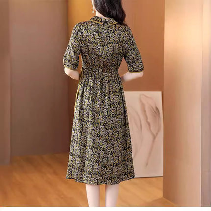Retro Printed Imitation Mulberry Silk Dress for Women 2024 Summer New Fashion Elegant Waist Slimming Look Mid-Length Skirt