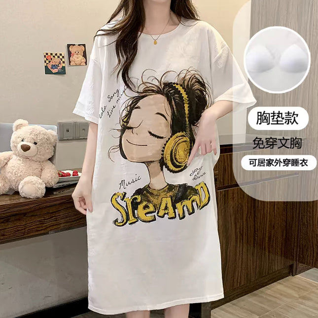 Women's Summer 2025 New Thin Cloud Cotton Short-Sleeved Pajamas with Breast Pads, Women's Summer Pajamas That Can Be Worn Outside as Home Clothes