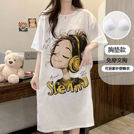 Women's Summer 2025 New Thin Cloud Cotton Short-Sleeved Pajamas with Breast Pads, Women's Summer Pajamas That Can Be Worn Outside as Home Clothes
