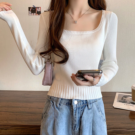 Square Neck Sweater Women's Spring and Autumn Thin Small Super A Figure High Waist Short Outer Knitted Top