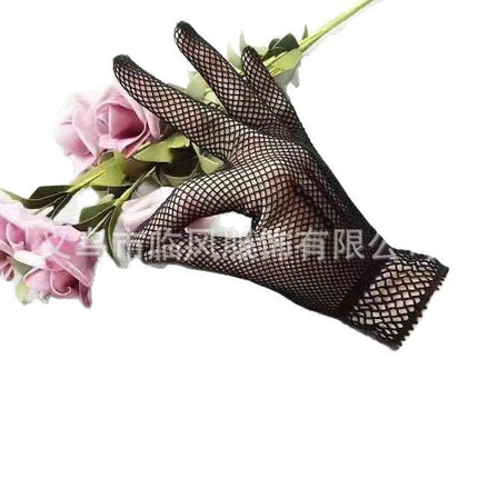 Full Finger Fishnet Eye Bride Wedding Dress Stage Women's Sexy Black Stretch Lace Lace Gloves Cheongsam Dancing Bow