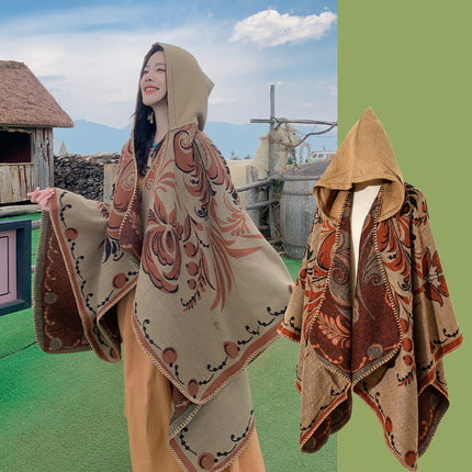 Lijiang Yunnan Tourism Red Large Shawl Ethnic Style New Style Outer Hanging Hat Cloak Coat Scarf Women