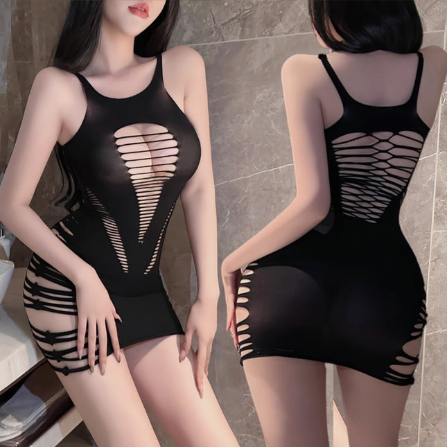 Sexy Black Silk Hip-Covering See-Through Mini Miniskirt Bed Temptation Fishnet Clothing Pure Lust Nightgown Cut Out Dress