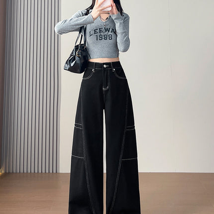Black Wide-Leg Jeans for Women, 2026 Autumn New High-Waisted Slimming Design, Straight-Leg Floor-Length Pants