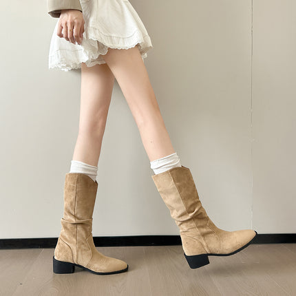 Petite Height-Increasing Slouch Boots for Women, Long Western Cowboy Boots, Ruched Mid-Calf Riding Boots, Chunky Heel Plus-Size Boots