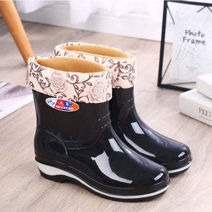 Rain Boots women's non-slip short water shoes fashion warm water boots adult low rubber shoes fleece-lined rain boots one-piece delivery
