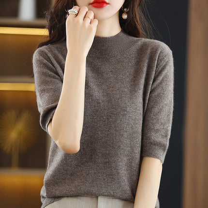 Spring and Autumn New Style Half Turtleneck Mid-Sleeve Bottoming Shirt Thin Knitwear Women's Loose Knitted Knitwear Short-Sleeved Three-Quarter Sleeve Top