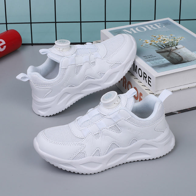 Children's Rotating Button Campus White Shoes 2023 Summer Mesh Breathable Sneakers for Older Kids Lightweight Running Shoes