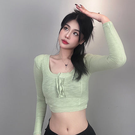 Real Shot Korean Dongdaemun Buckle Slim-fit Slim-fit Sexy Spice Girl Figure Short Long Sleeve T-shirt Top Women's Clothing