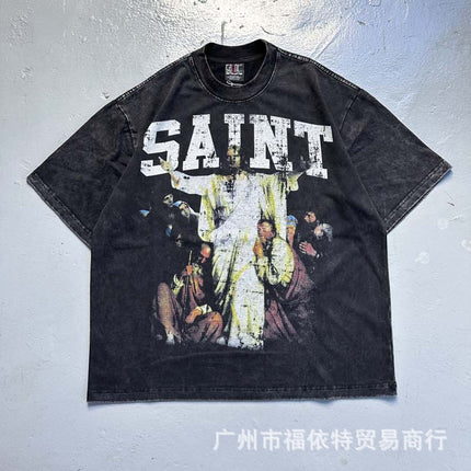 Saint Michael Cho Big Face European and American Retro Washed and Distressed Commemorative Portrait Short-Sleeved T-Shirt Trendy