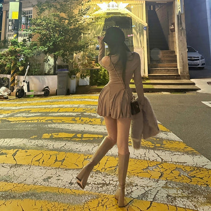 South Korea Dongdaemun Tight Waist Figure Sexy High Collar Sleeveless dress Long Sleeve Cardigan Two-piece Suit for Women