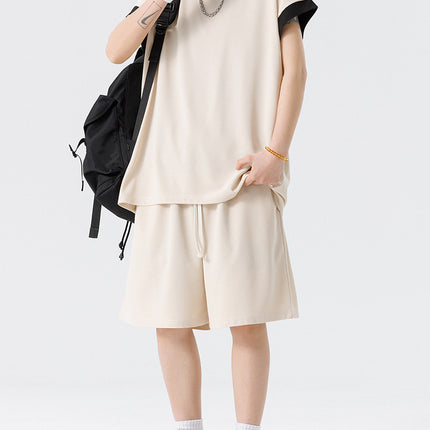 Set of Ice Silk Short-Sleeved T-Shirts and Shorts, Two-Piece Set for Teenagers, Trendy Men's Clothing, Boys' Casual Suits