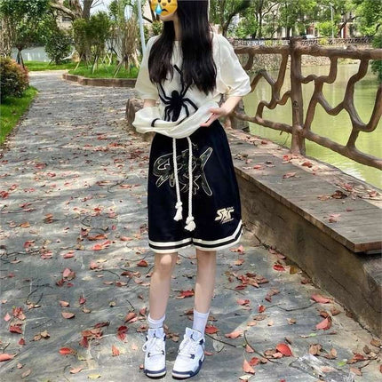 American Retro hiphop Letter Drawstring Pants Women's Summer New Loose High Waist Straight Wide Leg Shorts