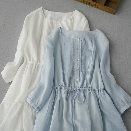 Drawstring dress Loose Artistic Slimming Mid-length Organ Pleated Blue Mori Base Skirt Elegant Fairy Skirt for Summer