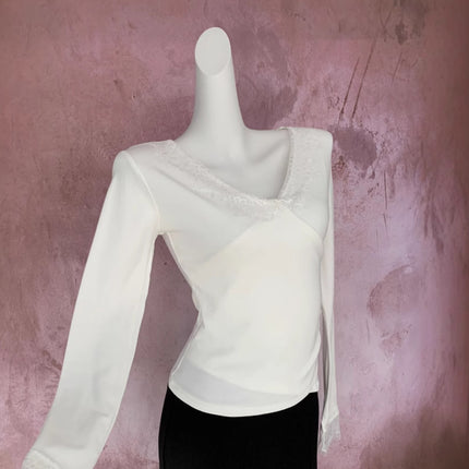 Ancola Red Sexy Pure Desire Style Lace Top Autumn and Winter New Brushed fleece-lined Thickened Cross V-neck Base Shirt