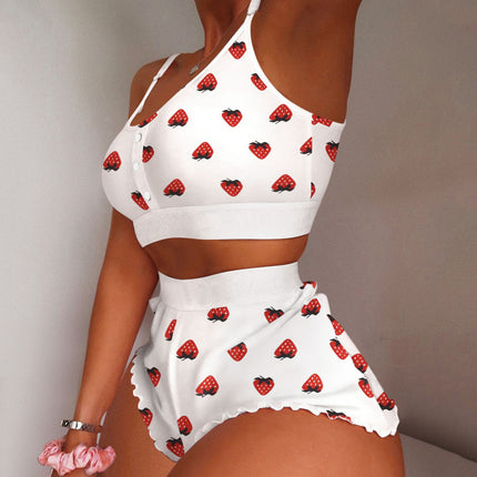 European and American Foreign Trade Cross-Border Sales Strawberry Print Camisole Two-Piece Loungewear Sweet Pajamas Stylish Sweet Style