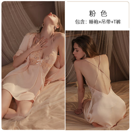 Meishilan Sexy Pajamas Breast Pad Thin Ice Silk Lace Flirting Pure Desire Suspender Nightgown Bathrobe Set 168 Sets