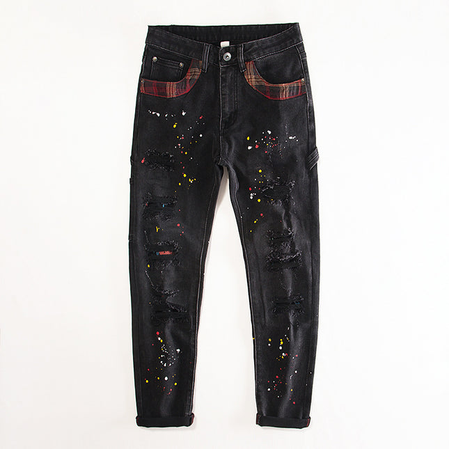 European Station Ripped Patch Splash Ink Black Jeans Men's Slim Fit Small Feet Elastic Spray Paint Design Sense Trendy Brand