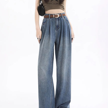Vintage Pleated Drape Wide-Leg Jeans for Women, Autumn 2025 New High-Waisted Loose Slimming Straight Floor-Length Pants