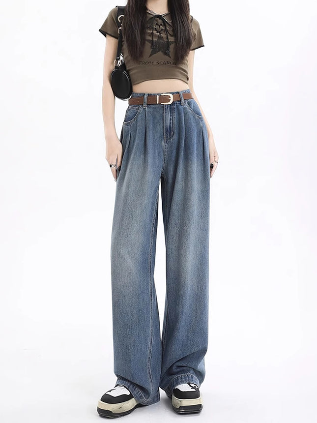 Vintage Pleated Drape Wide-Leg Jeans for Women, Autumn 2025 New High-Waisted Loose Slimming Straight Floor-Length Pants