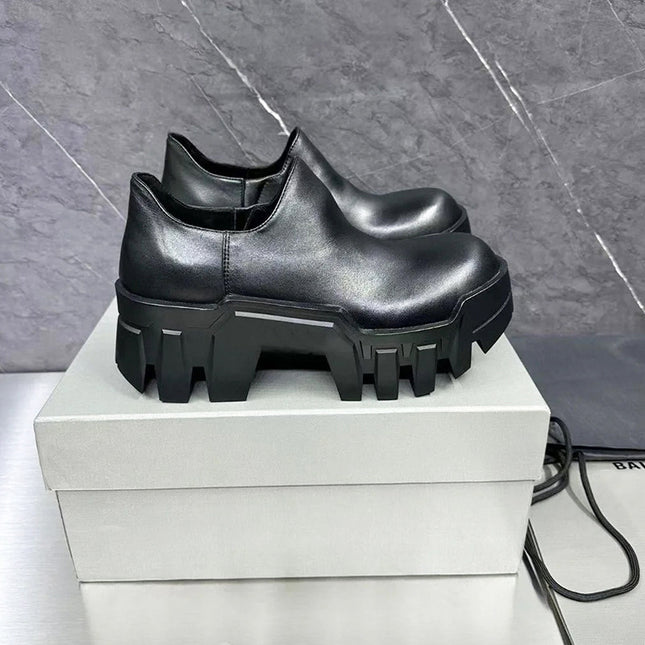 Elevated Platform Shoes Platform Bottom Cowhide Loafers ~ Spring New Style Slip-on High Heel Small Leather Big Toe Derby Shoes