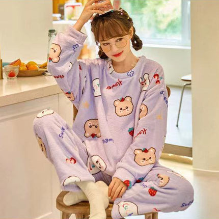 2024 New Autumn and Winter Coral Velvet Cartoon Stripesd Women's Pajamas Thickeneded and Wearable Home Wear Set