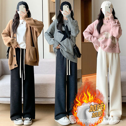 Creamy-white European cotton corduroy wide-leg pants women's winter fleece-lined high waist loose slimming draping mop straight pants