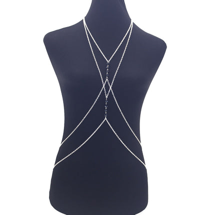 European and American Sexy Metal Geometric Body Chain Women's Bikini Summer Beach Cross Multi-Layer Long Crystal Chest Chain