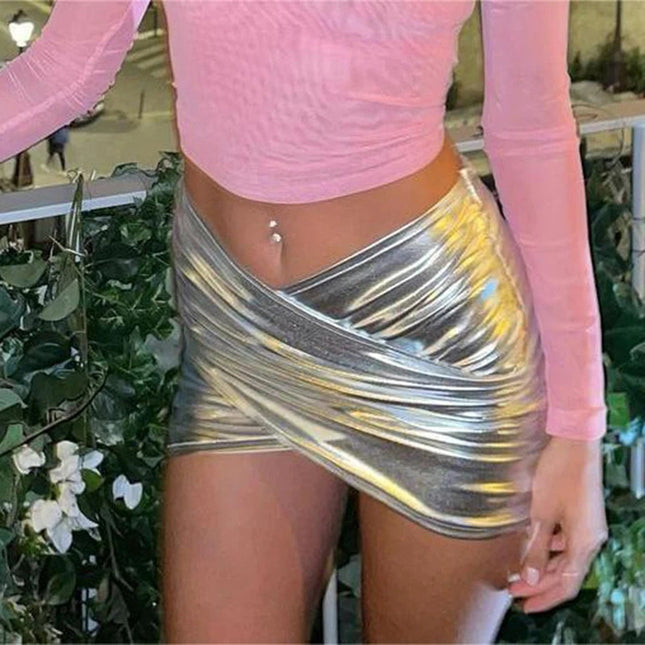 Cross-border e-commerce women's skirt bright face patent leather cross skirt skirt hot girl pleated tight hip skirt factory