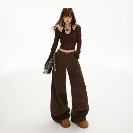 Raccoon House # 2-Color American Retro High-Waisted Loose Wide-Leg Pants, Versatile Ins Draped Autumn and Winter Straight Jeans for Women
