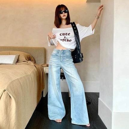 2025 Spring New Loose Denim Long Pants for Women Washed Design Straight Wide-Leg Floor-Length Pants
