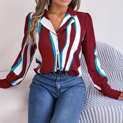 Real Shot of 2026 Spring/Summer European and American Casual Versatile Color-Block Striped Suit Collar Long-Sleeve Shirt for Women, Available on Independent Cross-Border Platforms