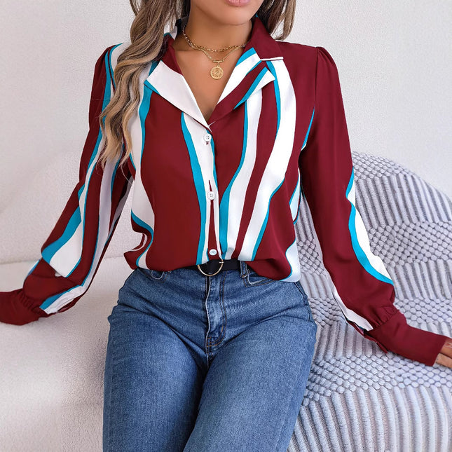 Real Shot of 2026 Spring/Summer European and American Casual Versatile Color-Block Striped Suit Collar Long-Sleeve Shirt for Women, Available on Independent Cross-Border Platforms