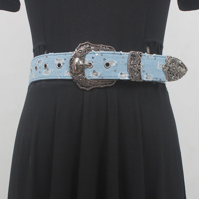 Denim Destruction Belt Blue European and American Women Retro Baroque Fashion Decorative Belt