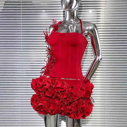 Amazon Aliexpress Popular Cross-Border Foreign Trade New Product Bandage Skirt Suit Vest Flower Two-Piece Party Dress