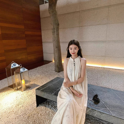 Retro Elegant Long Dress Mori Style Cold Dark Pattern Bamboo New Chinese Style National Style Sleeveless Neck dress Women