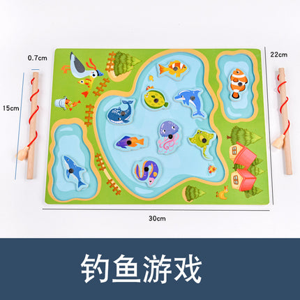 Magnetic Wooden Barrel Marine Fishing Toy Children's Early Education Educational Cognitive Fun Boys and Girls Parent-Child Games