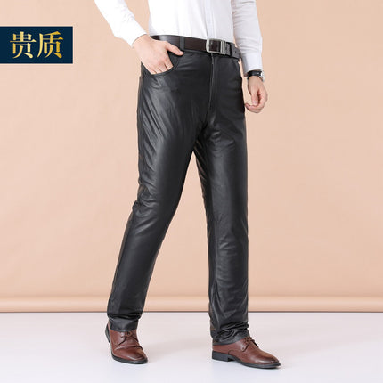 Haining Genuine Leather Pants Men's Top-Layer Cowhide Removable Down Cotton Fleece-Lined Thickened Loose Middle-Aged and Elderly Warm Leather Pants