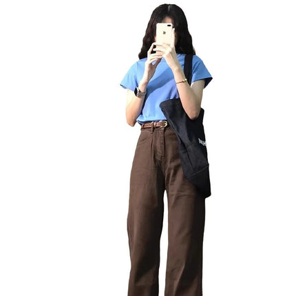 Brown Narrow Wide Leg Jeans Women's Trendy All-match New American Style Retro High Waist Loose Straight Long Pants